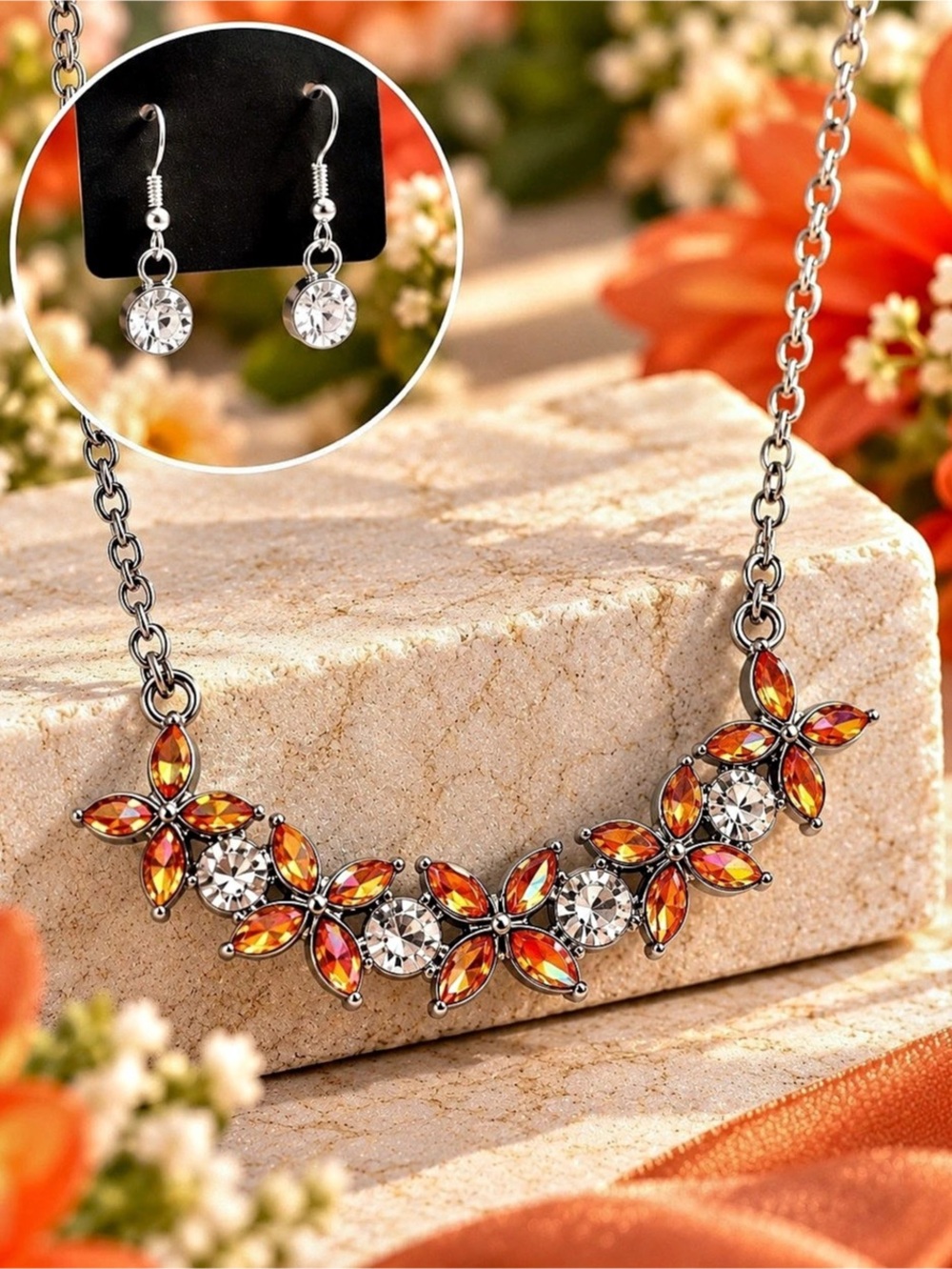 PapARazzi Floral Rhinestone Necklace & Earrings Silver & Orange